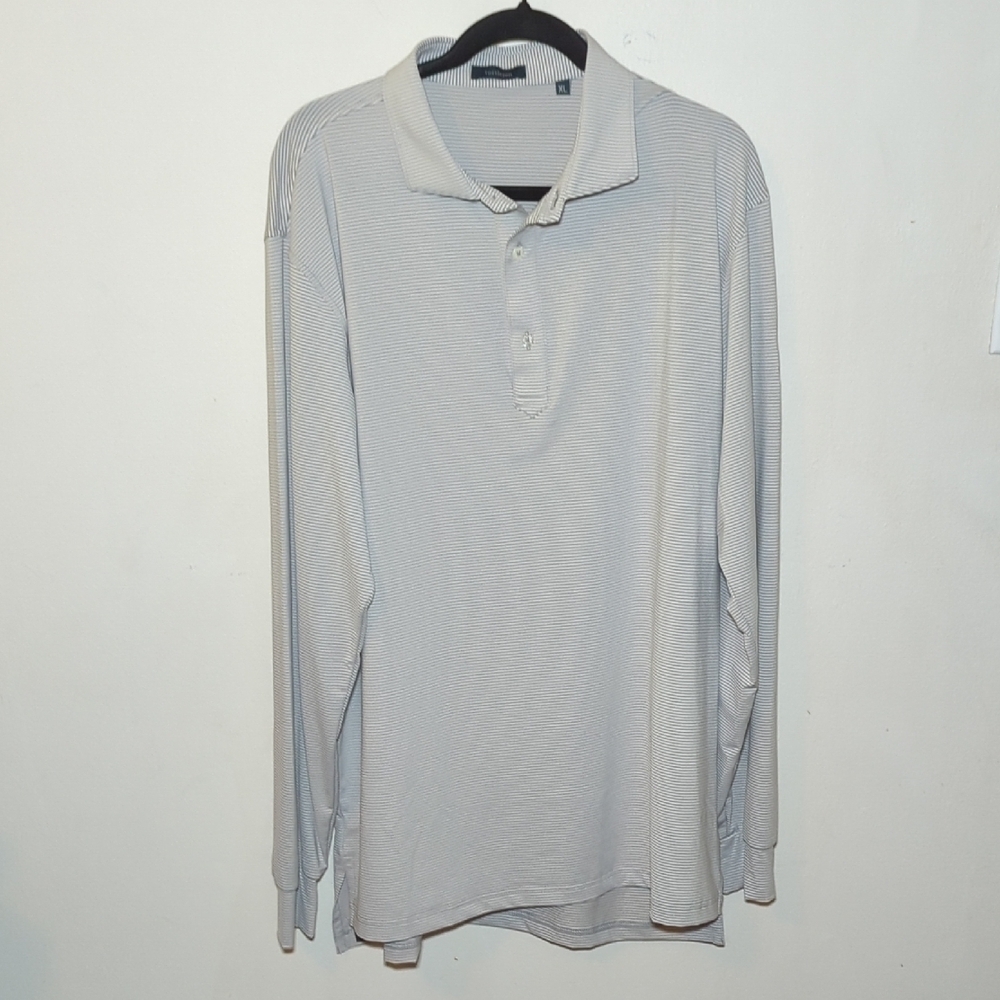 Turtleson Gray + White Striped Long-Sleeve Performance Polo Men's Size L